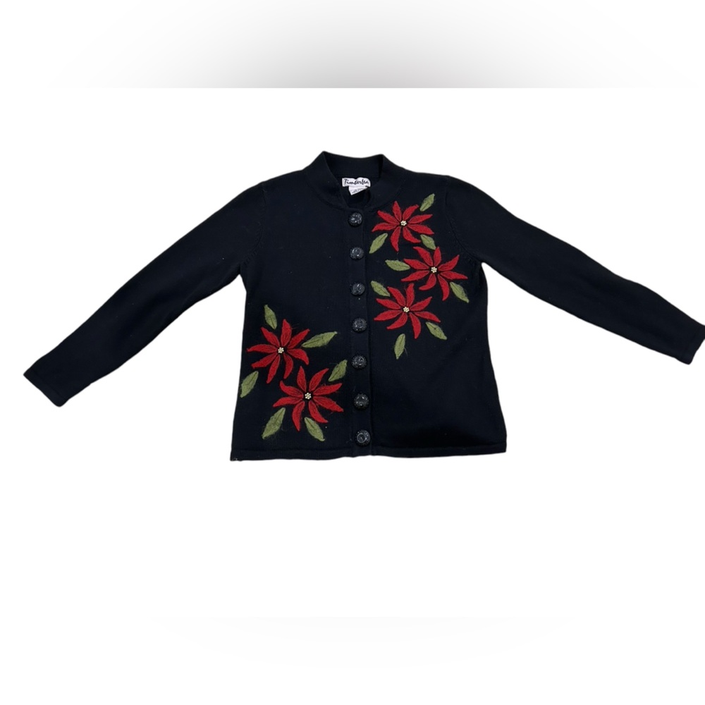 Vintage 90s Poinsettia Holiday Christmas Sweater Cardigan Beaded - Picture 2 of 5